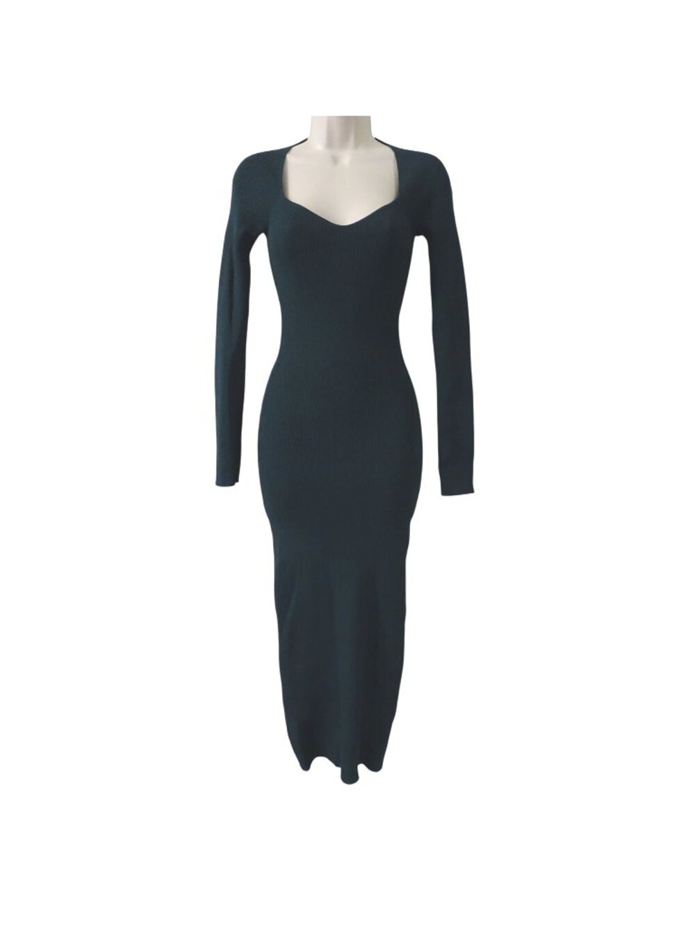 Zara Ribbed Knit Long Sleeve Green Bodycon Midi Dress Women Size S Minimalist